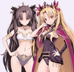 Rule 34 | 2girls, anklet, armlet, asymmetrical legwear, asymmetrical sleeves, bare shoulders, between breasts, black cape, black hair, black legwear, blonde hair, breasts, bridal gauntlets, buckle, cape, crown, detached collar, earrings, elbow gloves, ereshkigal (fate), fate/grand order, fate (series), fur-trimmed cape, fur trim, gloves, hair ribbon, highres, hoop earrings, infinity symbol, ishtar (fate), jewelry, long hair, looking at viewer, medium breasts, midriff, multicolored cape, multicolored clothes, multiple girls, navel, neck ring, necklace, open mouth, parted bangs, pelvic curtain, red cape, red eyes, red ribbon, ribbon, siblings, single elbow glove, single sleeve, single thighhigh, sisters, skull, smile, spine, thighhighs, tiara, toeless legwear, two side up, uneven legwear, uneven sleeves, very long hair, yellow cape, yoshit m