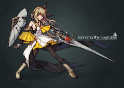 Rule 34 | 1girl, black pantyhose, blonde hair, boots, character name, detached sleeves, english text, engrish text, hairband, highres, looking at viewer, lowlight kirilenko, mechanical arms, pantyhose, polearm, purple eyes, ranguage, samatha (terra battle), shield, single mechanical arm, solo, spear, standing, terra battle, weapon