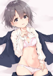 Rule 34 | 10s, 1girl, aster, black eyes, blazer, bow, bow panties, bra, breasts, cleavage, clothes pull, commentary request, grey hair, hair between eyes, highres, idolmaster, idolmaster cinderella girls, jacket, lying, minikon, navel, on back, open clothes, open shirt, open skirt, otokura yuuki, panties, panty pull, pink bra, pink panties, shirt, short hair, skirt, skirt pull, small breasts, smile, solo, underwear, undressing