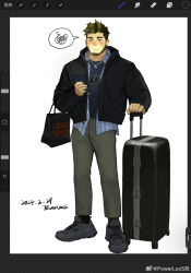Rule 34 | 1boy, art program in frame, bag, bara, beard stubble, facial hair, full body, highres, holding, holding phone, jacket, layered shirt, male focus, oc (powerlesssong), open clothes, open jacket, original, phone, powerlesssong, shopping bag, short hair, solo, spoken squiggle, squiggle, standing, stubble, thick eyebrows