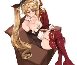 Rule 34 | 1girl, absurdres, azur lane, bare shoulders, blonde hair, blush, boots, breasts, cleavage, closed mouth, collarbone, commentary, couch, crossed arms, crossed legs, curling, detached collar, detached sleeves, dress, epaulettes, hair between eyes, hair flaps, highres, jacket, unworn jacket, large breasts, long hair, microdress, nelson (azur lane), on couch, panties, pantyshot, red eyes, red jacket, red thighhighs, ribbon, simple background, sitting, solo, ssamjang (misosan), thigh boots, thighhighs, twintails, underwear, white background