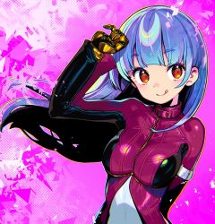 Rule 34 | 1girl, arm behind back, blue hair, bodysuit, breasts, gloves, kula diamond, long hair, onono imoko, small breasts, solo, the king of fighters, tongue, tongue out, zipper