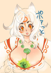 Rule 34 | 1girl, amaterasu (ookami), animal ears, areola slip, breasts, cleavage, curly hair, huge breasts, issun, japanese clothes, jewelry, long hair, necklace, ookami (game), orange eyes, personification, translation request, tsuutenkaaku, white hair