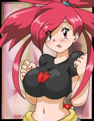 Rule 34 | artist request, blush, breasts, cleavage, creatures (company), flannery (pokemon), game freak, gym leader, huge breasts, impossible clothes, impossible shirt, large breasts, long hair, nintendo, poke ball, pokemon, red hair, shirt