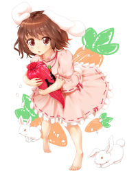 Rule 34 | 1girl, animal ears, barefoot, brown hair, candy, carrot, carrot necklace, chestnut mouth, chiroshiron, dress, food, highres, inaba tewi, jewelry, necklace, open mouth, pendant, pink dress, puffy short sleeves, puffy sleeves, rabbit, rabbit ears, rabbit girl, rabbit tail, red eyes, short sleeves, solo, tail, touhou
