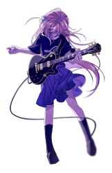 Rule 34 | 1girl, black shirt, black socks, blue skirt, bocchi the rock!, brown footwear, electric guitar, full body, gibson les paul, gotoh hitori, guitar, gusheng641, head down, highres, holding, holding instrument, holding plectrum, instrument, loafers, long hair, music, one side up, pink hair, playing instrument, pleated skirt, plectrum, shirt, shoes, short sleeves, simple background, skirt, socks, solo, white background