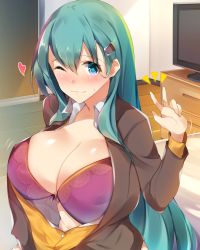 Rule 34 | 1girl, aqua eyes, aqua hair, bad id, bad pixiv id, blazer, blouse, blurry, blush, bra, breasts, brown jacket, depth of field, hair between eyes, highres, huge breasts, indoors, jacket, kantai collection, light smile, long hair, looking at viewer, ogata aki, one eye closed, open clothes, open jacket, open shirt, purple bra, revision, shirt, sliding doors, smile, solo, suzuya (kancolle), television, underwear, wooden floor