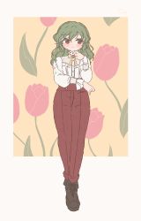 Rule 34 | 1girl, adapted costume, ankle boots, boots, border, bow, bowtie, brooch, brown footwear, buttons, dot nose, english text, eyes visible through hair, floral background, floral print, flower, frilled shirt, frilled sleeves, frills, full body, green hair, hair between eyes, hand on own chin, highres, jewelry, kazami yuuka, lace, lace-trimmed shirt, lace trim, legs together, light blush, long hair, long sleeves, looking at viewer, outside border, pants, pink flower, pink tulip, plaid, plaid pants, red eyes, red pants, sakurasaka, shirt, shoes, smile, solo, standing, touhou, tulip, unmoving pattern, wavy hair, white border, white shirt, yellow background, yellow bow, yellow bowtie