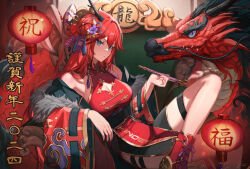 Rule 34 | 1girl, black horns, black nails, blue eyes, breasts, china dress, chinese clothes, chinese zodiac, cleavage, cleavage cutout, closed mouth, clothing cutout, commentary request, dolce (dolsuke), dragon, dress, eastern dragon, fingernails, highres, holding, holding smoking pipe, horns, kiseru, long hair, looking at viewer, medium breasts, nail polish, nengajou, new year, original, red dress, red footwear, red hair, shoes, sitting, smile, smoking pipe, solo, thighs, translation request, year of the dragon