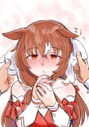 Rule 34 | 1girl, absurdres, animal ears, blush, brown hair, collarbone, commentary, commentary request, fingernails, hair ornament, highres, horse ears, horse girl, long hair, looking at viewer, matsuba mattsu, open mouth, own hands together, pov, pov hands, red eyes, solo focus, still in love (umamusume), string, string of fate, umamusume, waiting for kiss, white background