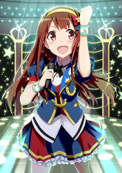 Rule 34 | 10s, 1girl, brown eyes, brown hair, clenched hand, cowboy shot, dancing, frilled skirt, frills, glint, gotyou, hair ornament, headband, holding, holding microphone, idolmaster, idolmaster million live!, long hair, medal, microphone, music, open mouth, royal starlet (idolmaster), shirt, singing, skirt, smile, sparkle, stage, stage lights, star (symbol), star hair ornament, sweatdrop, tanaka kotoha, wrist cuffs
