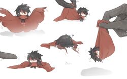 2boys ? black_hair black_pants chibi chibi_only cloak closed_eyes cloud_strife final_fantasy final_fantasy_vii final_fantasy_vii_rebirth final_fantasy_vii_remake flying hair_between_eyes headband highres horns lily_(shio1006) long_hair male_focus multiple_boys pants red_cloak red_eyes red_headband spiked_hair vincent_valentine white_background