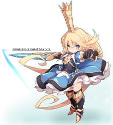 Rule 34 | 1girl, armor, armored boots, black footwear, black thighhighs, blonde hair, blue dress, blue eyes, blush, boots, breastplate, charlotta (granblue fantasy), chibi, closed mouth, commentary request, crown, dress, full body, gauntlets, gradient background, granblue fantasy, granblue fantasy versus, green background, hair between eyes, highres, holding, holding sword, holding weapon, karukan (monjya), long hair, looking at viewer, mini crown, outstretched arms, puffy short sleeves, puffy sleeves, short sleeves, solo, spread arms, standing, sword, thigh boots, thighhighs, v-shaped eyebrows, very long hair, weapon, white background