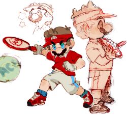 Rule 34 | 1boy, ball, big nose, blue eyes, blue socks, blue stripes, brown hair, clenched hand, collar, collared shirt, commentary, cutie-png, english commentary, facial hair, flying sweatdrops, from side, gloves, holding tennis racket, letter, looking at object, male focus, mario, mario (series), mario tennis, mario tennis aces, midriff peek, mustache, nintendo, official alternate costume, racket, red footwear, red headwear, red shirt, shirt, shoes, short hair, shorts, sketch, smile, sneakers, socks, star (symbol), sweat, t-shirt, tennis, tennis ball, tennis racket, v-shaped eyebrows, visor cap, white collar, white gloves, white shorts