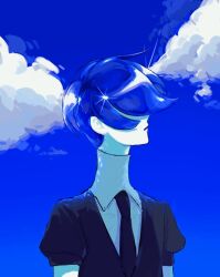 Rule 34 | 1other, androgynous, arms at sides, benitoite (houseki no kuni), black necktie, blue hair, blue sky, chinese commentary, closed mouth, cloud, covered eyes, day, gem uniform (houseki no kuni), highres, houseki no kuni, necktie, other focus, profile, puffy short sleeves, puffy sleeves, puretw3530, short hair, short sleeves, sky, solo, sparkle, upper body, wind