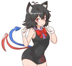Rule 34 | 1girl, animal ears, asymmetrical wings, black dress, black hair, blue wings, bow, bowtie, cat ears, center frills, commentary request, cowboy shot, cowlick, dress, frills, gloves, houjuu nue, looking at viewer, mizusoba, open mouth, red bow, red bowtie, red eyes, red wings, short dress, short hair, simple background, sleeveless, sleeveless dress, solo, touhou, white background, white gloves, wings