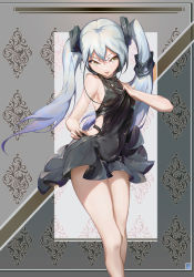 Rule 34 | 1girl, ass, bare legs, bare shoulders, black dress, breasts, clothes pull, clothing cutout, cocktail dress, covered navel, cowboy shot, destroyer (girls&#039; frontline), dress, dress grab, dress pull, frilled dress, frills, girls&#039; frontline, grey background, grey hairband, hair between eyes, hair ornament, hairband, head tilt, highres, legs together, long hair, looking at viewer, multicolored background, open mouth, pulling, renze l, sangvis ferri, shiny clothes, side cutout, sideboob, silver hair, sleeveless, sleeveless dress, small breasts, solo, twintails, white background, yellow eyes