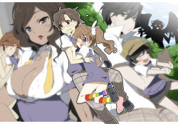 Rule 34 | 1boy, 5girls, blush, breasts, brown hair, cleavage, cloud, day, eyepatch, glasses, green eyes, hair ornament, heart, heart-shaped eyes, kl (dgzonbi), kneehighs, large breasts, lips, lipstick, long hair, makeup, multicolored clothes, multicolored legwear, multiple girls, open clothes, open mouth, open shirt, original, plaid, purple eyes, rainbow, red eyes, scowl, shirt, shoes, shorts, silhouette, single shoe, sky, socks, sweater vest, thighhighs, tree, twintails, wings