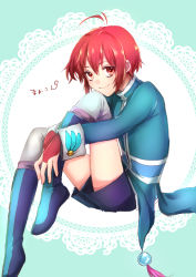 Rule 34 | 1boy, ahoge, boots, gloves, highres, mao (tales), red eyes, red hair, short hair, shorts, smile, tales of (series), tales of rebirth, thighhighs