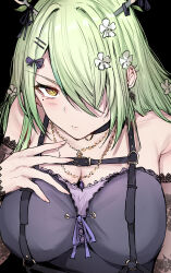 Rule 34 | 1girl, absurdres, antlers, black background, black choker, black dress, blush, breasts, ceres fauna, ceres fauna (goth), choker, cleavage, commentary, detached sleeves, dress, flower, green hair, hair flower, hair ornament, hairpin, highres, hololive, hololive english, horns, large breasts, long hair, looking at viewer, mole, mole under eye, sak1 01, see-through, see-through sleeves, sleeveless, sleeveless dress, solo, symbol-only commentary, virtual youtuber, yellow eyes