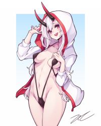Rule 34 | 1girl, :q, blue background, blush, breasts, dated, fate/grand order, fate (series), gradient background, hair between eyes, highres, hood, hooded jacket, horns, jacket, long hair, looking at viewer, medium breasts, navel, oni horns, open clothes, open jacket, red eyes, revision, scarlet zel, signature, slingshot swimsuit, solo, swimsuit, thighs, tomoe gozen (fate), tongue, tongue out, two-tone background, white background, white hair, white jacket