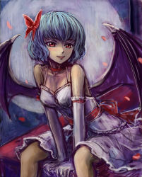 Rule 34 | 1girl, alternate costume, bare shoulders, bat wings, dress, elbow gloves, face, female focus, gloves, lips, aged up, red eyes, remilia scarlet, smile, solo, tafuto, touhou, wings