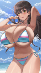 Rule 34 | 1girl, absurdres, arms up, beach, bikini, black hair, blue sky, breasts, cleavage, day, highres, huge breasts, iwato kasumi, long hair, looking at viewer, micro bikini, navel, ocean, open mouth, outdoors, saki (manga), shiny skin, silvertsuki, skindentation, sky, smile, solo, standing, striped bikini, striped clothes, swimsuit, underboob, yellow eyes