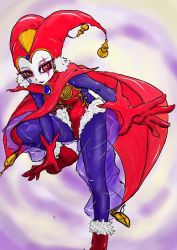 Rule 34 | 1girl, bodysuit, breasts, chrono cross, commentary request, facepaint, gloves, harlequin, hat, jester cap, leotard, mersoleil03, pants, pom pom (clothes), red eyes, red gloves, red leotard, solo, tassel, harle (chrono cross)