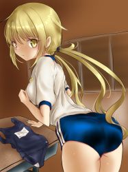 Rule 34 | 1girl, alternate costume, ankake hitokaji, ass, blonde hair, blue buruma, blue one-piece swimsuit, breasts, buruma, commentary request, cowboy shot, desk, from behind, gym shirt, gym uniform, highres, kantai collection, leaning forward, long hair, looking at viewer, looking back, one-piece swimsuit, satsuki (kancolle), school desk, school swimsuit, shirt, small breasts, solo, swimsuit, t-shirt, twintails, white shirt, yellow eyes