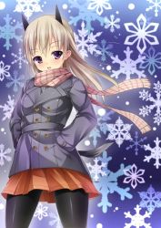 Rule 34 | 1girl, :o, animal ears, black pantyhose, blush, coat, eila ilmatar juutilainen, hands in pockets, kuragari, long hair, pantyhose, purple eyes, scarf, silver hair, skirt, snowflakes, solo, strike witches, wind, world witches series