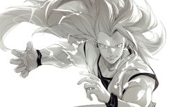 Rule 34 | 1boy, absurdly long hair, blurry, depth of field, dougi, dragon ball, dragonball z, fighting stance, fingernails, floating hair, frown, greyscale, grin, highres, long hair, looking at viewer, male focus, monochrome, no eyebrows, simple background, smile, solo, son goku, super saiyan, super saiyan 3, upper body, very long hair, white background, wristband