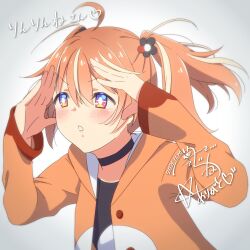 Rule 34 | 1girl, absurdres, ahoge, black choker, black shirt, blonde hair, blush, bright pupils, character name, choker, commentary request, dated, flower, hair between eyes, hair flower, hair ornament, heart, highres, hood, hoodie, long sleeves, looking to the side, medium hair, multicolored eyes, multicolored hair, neru yumeji (artist), open clothes, open hoodie, orange eyes, orange hair, orange hoodie, parted lips, purple eyes, rinne (rinrinne), rinrinne, second-party source, shirt, signature, simple background, solo, streaked hair, t-shirt, tareme, two-tone shirt, two side up, upper body, v-shaped eyebrows, virtual youtuber, white background, white pupils, white shirt, wide sleeves