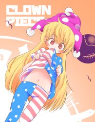 Rule 34 | 1girl, american flag dress, american flag legwear, asagi narcissus, blonde hair, blush, character name, clothes lift, clownpiece, dress, dress lift, gluteal fold, hat, highres, jester cap, lifted by self, long hair, looking at viewer, navel, pantyhose, red eyes, short dress, short sleeves, solo, standing, star (symbol), star print, stomach, striped, thigh gap, third eye, touhou, very long hair