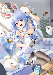 Rule 34 | &gt; &lt;, 1girl, :o, absurdres, animal, animal ears, animal on head, arm up, armpit crease, biting, black gloves, black leotard, black pantyhose, blob, blue hair, blush, braid, breasts, bridal garter, carrot hair ornament, cleavage, clothing cutout, coat, coat dress, commentary request, couch, creature, detached sleeves, dress, flying sweatdrops, food-themed hair ornament, fur-trimmed coat, fur-trimmed gloves, fur scarf, fur trim, gloves, hair ornament, highres, hololive, leotard, leotard under clothes, long hair, meteor (yamashou), multicolored hair, on head, orange eyes, pantyhose, pekomon (usada pekora), puffy short sleeves, puffy sleeves, rabbit, rabbit ears, rabbit girl, rabbit tail, saliva, scarf, short eyebrows, short sleeves, sitting, sleeping, small breasts, solo, strapless, strapless coat, strapless dress, strapless leotard, swept bangs, tail, teeth, thick eyebrows, tongue, twin braids, twintails, two-tone hair, upper teeth only, usada pekora, usada pekora (1st costume), virtual youtuber, white coat, white footwear, white hair, white scarf, white sleeves