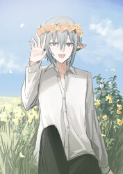 Rule 34 | 1boy, :d, black pants, blue eyes, blue sky, blush, chihuri, cloud, collared shirt, day, dress shirt, final fantasy, final fantasy xiv, flower, flower wreath, grey hair, hair between eyes, hand up, haurchefant greystone, head wreath, highres, long sleeves, looking at viewer, male focus, on grass, open mouth, outdoors, pants, pink flower, pink rose, pointy ears, rose, shirt, sitting, sky, smile, solo, white shirt