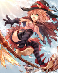 Rule 34 | 2girls, :o, armpits, bike shorts, black gloves, blonde hair, blue eyes, bow, breasts, brooch, broom, broom riding, broom surfing, brown hair, cape, cloud, company name, day, dress, earrings, eikou no guardian battle, flying, from below, full body, gloves, hair ornament, hat, hat bow, hat ribbon, heterochromia, high heels, highres, jewelry, long hair, looking afar, madogawa, medium breasts, multiple girls, official art, open mouth, outdoors, outstretched arms, outstretched hand, pink dress, pink hair, purple shorts, red bow, red footwear, red ribbon, ribbon, shoe soles, shoes, short dress, shorts, shorts under dress, skirt, sky, solo focus, strapless, strapless dress, striped clothes, striped legwear, striped thighhighs, sunlight, thighhighs, torn clothes, torn skirt, upskirt, watermark, witch, witch hat, yellow eyes