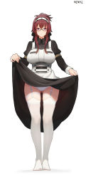 Rule 34 | 1girl, absurdres, apron, black skirt, breasts, clothes lift, feet, frills, full body, garter straps, glasses, highres, lace, lace-trimmed panties, lace trim, lifting own clothes, lillia greyrat, long skirt, looking at viewer, maid, maid apron, maid headdress, mushoku tensei, ninai, no shoes, panties, pantyshot, purple eyes, roswaal mansion maid uniform, skirt, skirt lift, thighhighs, underwear, white panties, white thighhighs