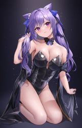 Rule 34 | 1girl, alternate costume, bare shoulders, black background, black leotard, blue ribbon, blush, breasts, cleavage, closed mouth, collarbone, covered navel, double bun, full body, genshin impact, hair bun, hair ornament, hair ribbon, hand in own hair, highres, keqing (genshin impact), kneeling, large breasts, leotard, long hair, looking at viewer, lunacle, playboy bunny, purple eyes, purple hair, ribbon, solo, thighs, twintails
