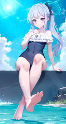 Rule 34 | 1girl, absurdres, barefoot, blue archive, blue eyes, blue hair, blue one-piece swimsuit, casual one-piece swimsuit, cloud, covered navel, crossed legs, feet, halo, hand on own chest, highres, kinoshita ringo (ryve5758), legs, long hair, looking at viewer, miyako (blue archive), miyako (swimsuit) (blue archive), one-piece swimsuit, outdoors, ponytail, ribbon, sitting, sky, smile, soles, solo, sun, swimsuit, thighs, toes, water