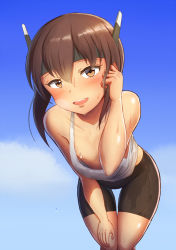 Rule 34 | 1girl, :d, bad anatomy, bent over, bike shorts, black shorts, blush, brown eyes, brown hair, cloud, commentary request, convenient censoring, downblouse, extended downblouse, flat chest, hair between eyes, hand in own hair, hand on leg, kantai collection, leaning forward, looking at viewer, maku ro, no bra, open mouth, outdoors, short hair, shorts, sky, smile, solo, standing, sweat, taihou (kancolle), teeth, upper teeth only, wet