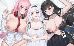 Rule 34 | 3girls, absurdres, black nightgown, blue archive, eimi (blue archive), from above, girl sandwich, highres, himari (blue archive), lingerie, milephunter, multiple girls, negligee, nightgown, open clothes, rio (blue archive), sandwiched, unbuttoned, underwear