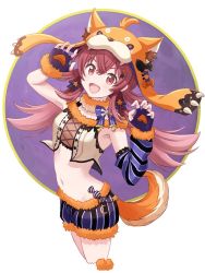 Rule 34 | animal ears, animal hood, armpits, belly, bow, breasts, claw pose, commentary request, crop top, detached sleeves, dog ears, dog hood, dog tail, fingerless gloves, fur choker, fur trim, gao, gloves, hair between eyes, hair ornament, hood, idolmaster, idolmaster shiny colors, komiya kaho, light blush, long hair, looking at viewer, medium breasts, navel, puffy shorts, red eyes, red hair, ribbon-trimmed clothes, ribbon trim, shokupan (qjejp), shorts, simple background, smile, solo, star (symbol), star hair ornament, striped, tail, thighs, twintails, v-shaped eyebrows