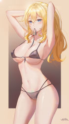 Rule 34 | 1girl, absurdres, armpits, arms up, between breasts, bikini, black bikini, blonde hair, blue eyes, blush, breasts, collarbone, contrapposto, covered erect nipples, cowboy shot, genshin impact, hair between eyes, highres, jean (genshin impact), large breasts, long hair, looking at viewer, mouth hold, multi-strapped bikini, navel, o-ring, o-ring bikini, o-ring top, outside border, pubic tattoo, ribbon, ribbon in mouth, see-through, shiny skin, sidelocks, signature, skindentation, solo, standing, string bikini, swimsuit, tattoo, tying hair, underboob, xude