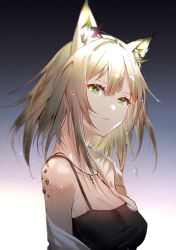 Rule 34 | 1girl, animal ear fluff, animal ears, arknights, black tank top, breasts, cleavage, gradient background, green eyes, green hair, jacket, jewelry, kal&#039;tsit (arknights), looking at viewer, material growth, medium breasts, necklace, off shoulder, oripathy lesion (arknights), short hair, solo, tank top, upper body, white jacket, xion32