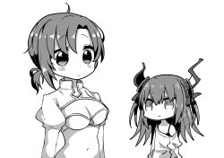 Rule 34 | 10s, 2girls, absurdres, ahoge, asymmetrical horns, bare shoulders, boudica (fate), breasts, chibi, cleavage, closed mouth, commentary request, curled horns, dragon horns, elizabeth bathory (fate), elizabeth bathory (fate/extra ccc), fate/extra, fate/extra ccc, fate/grand order, fate (series), greyscale, hair between eyes, highres, horns, jako (jakoo21), juliet sleeves, long hair, long sleeves, low ponytail, medium breasts, monochrome, multiple girls, navel, off shoulder, ponytail, puffy sleeves, shirt, short hair, short ponytail, shrug (clothing), simple background, uneven horns, very long hair, white background