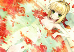Rule 34 | 10s, 1girl, absurdres, ahoge, bath, blonde hair, braid, breasts, censored, cleavage, convenient censoring, fate/extra, fate/stay night, fate (series), green eyes, hair bun, hair ribbon, highres, looking at viewer, medium breasts, nero claudius (fate), nero claudius (fate) (all), nero claudius (fate/extra), nude, official art, open mouth, petals, petals on liquid, ribbon, rose petals, single hair bun, solo, topless, wada arco, water, wet
