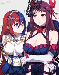 Rule 34 | 2girls, alear (female) (fire emblem), alear (fire emblem), bare shoulders, black choker, blue dress, blue eyes, blue hair, blue skirt, bow, bowtie, breasts, choker, cleavage, commentary request, cowboy shot, dress, elbow gloves, fire emblem, fire emblem engage, gloves, grey background, hair between eyes, heterochromia, highres, ivy (fire emblem), large breasts, long hair, looking at another, miniskirt, multicolored hair, multiple girls, nintendo, off-shoulder dress, off shoulder, parted lips, peach11 01, pelvic curtain, purple eyes, purple hair, red eyes, red hair, shirt, short sleeves, simple background, skirt, smile, standing, two-tone hair, very long hair, white bow, white bowtie, white gloves, white shirt