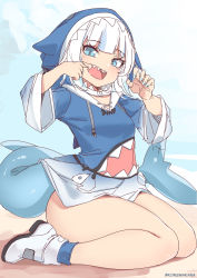 Rule 34 | 1girl, animal costume, animal hood, blue eyes, blue hoodie, finger in own mouth, fins, fish tail, gawr gura, gawr gura (1st costume), hair ornament, highres, hololive, hololive english, hood, hoodie, kanachirou, kneeling, looking at viewer, open mouth, shark, shark costume, shark girl, shark hair ornament, shark hood, shark print, shark tail, sharp teeth, shoes, short hair, solo, tail, teeth, thick thighs, thighs, virtual youtuber, white hair