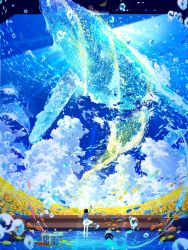 Rule 34 | 1girl, blue sky, bubble, bucket, cloud, cloudy sky, falling petals, field, fish, flower, flower field, flying, flying whale, highres, leaf, looking to the side, makoron117117, original, paint, paintbrush, petals, scenery, sky, solo, summer, sunflower, sunflower field, water, whale, wind