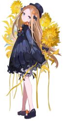 Rule 34 | 1girl, abigail williams (fate), absurdres, alchemaniac, black bow, black dress, black footwear, black hat, blonde hair, blue eyes, blush, bow, dress, fate/grand order, fate (series), flower, footwear bow, from side, full body, hair bow, hat, head tilt, highres, long hair, long sleeves, looking at viewer, looking to the side, multiple hair bows, orange bow, petticoat, polka dot, polka dot bow, shoes, smile, solo, standing, sunflower, top hat, very long hair, white background, yellow flower